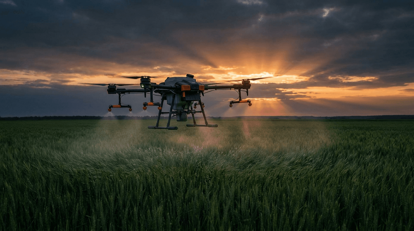 Агродрон DJI AGRAS над полем на закате